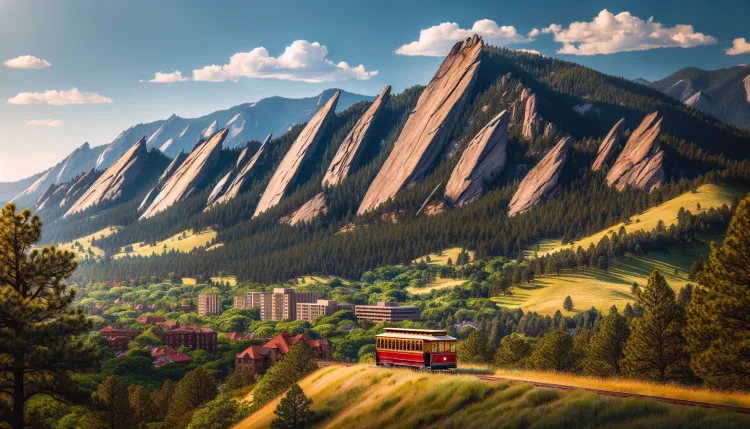 A red trolley pulling into Boulder Downtown with a view of the flat irons in the background.